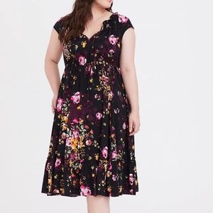 BLACK FLORAL TIE FRONT CHALLIS MIDI DRESS